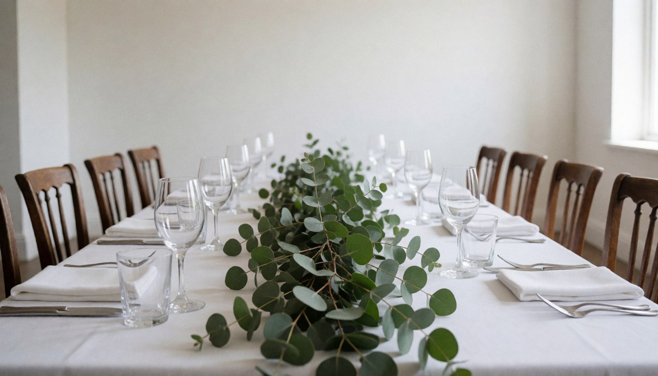 Longue table de banquet avec nappe blanche, verres en cristal et bouquet d'eucalyptus au centre, idéale pour événements et réceptions formelles.