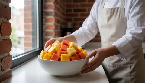 Cuisine moderne avec fruits frais dans un bol blanc, mur en briques et fenêtre laissant entrer la lumière naturelle, idéale pour un apart-hôtel.