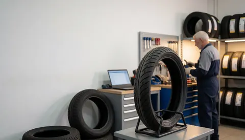 Pneu moto à bande étroite exposé sur un présentoir, mécanicien en arrière-plan inspectant un autre pneu dans un atelier spécialisé.