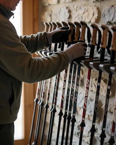 Équipe préparant du matériel de trekking dans un refuge en pierre, portant des gants et des vêtements de travail adaptés à l'extérieur.