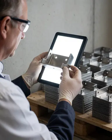 Un technicien équipé de gants et de lunettes de sécurité examine un support métallique sous une lumière vive, devant des piles de composants dans un atelier de métallurgie.