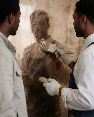 Peintre professionnel avec des gants applique une finition métallique brillante sur un mur tandis qu'un client observe le résultat et le reflet sur la surface.