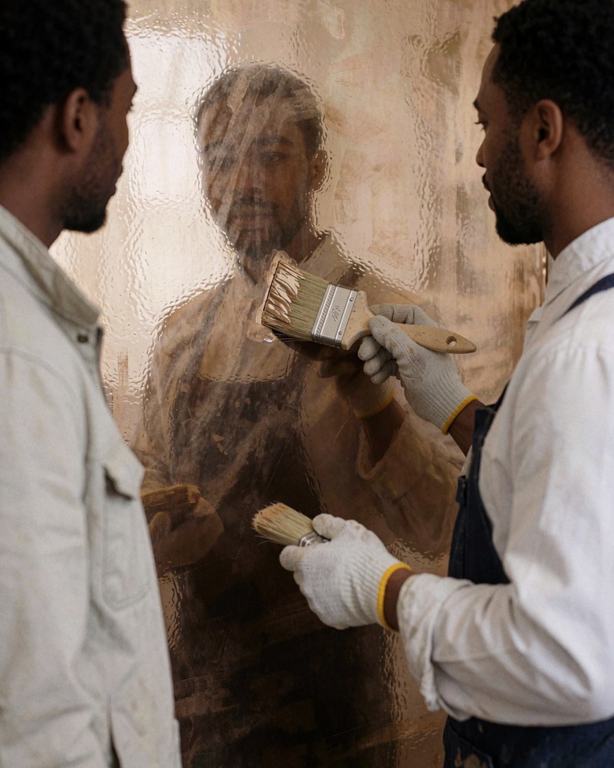 Peintre professionnel avec des gants applique une finition métallique brillante sur un mur tandis qu'un client observe le résultat et le reflet sur la surface.
