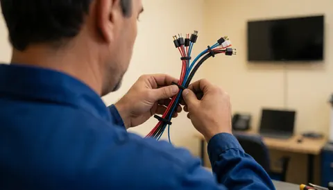 Technicien en atelier de réparation de gros électroménager organisant des câbles avec des attaches, sur fond beige avec une lumière chaude.