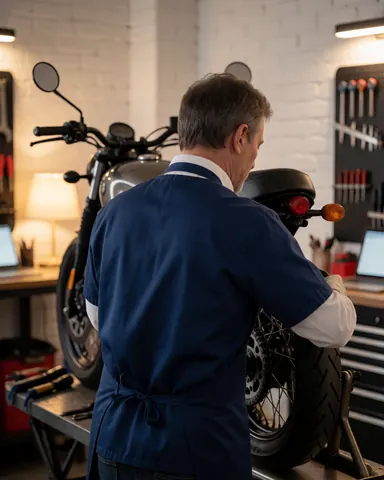 Mécanicien réparant la chaîne d'une moto surélevée, avec un mur de briques blanches et un porte-outils visible en arrière-plan.