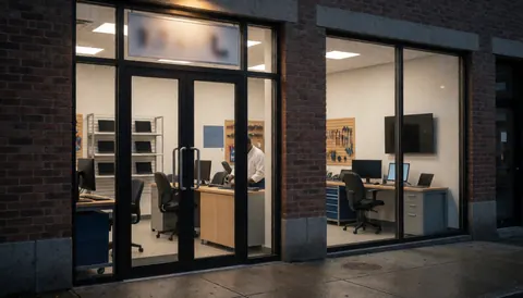 Un technicien travaille sur un ordinateur à l'intérieur d'un magasin de réparation, avec des ordinateurs portables sur des étagères et des outils au mur, vu depuis l'entrée.