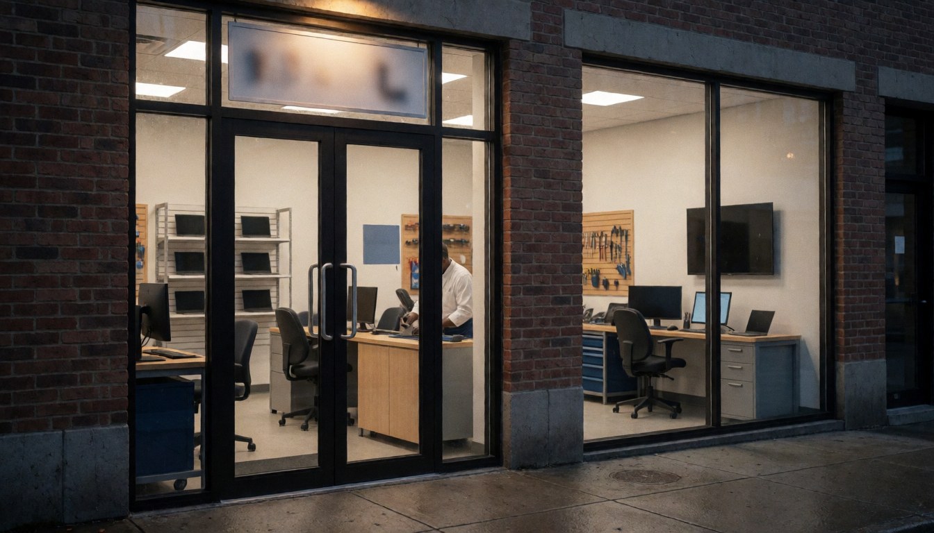 Un technicien travaille sur un ordinateur à l'intérieur d'un magasin de réparation, avec des ordinateurs portables sur des étagères et des outils au mur, vu depuis l'entrée.