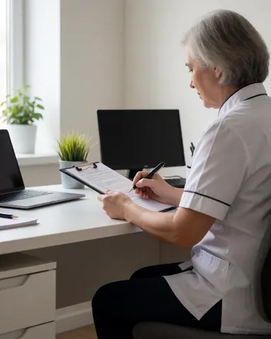 Un thérapeute professionnel écrit sur un classeur posé sur un bureau, accompagné d'un ordinateur portable et d'une plante dans un environnement de bureau propre et lumineux.