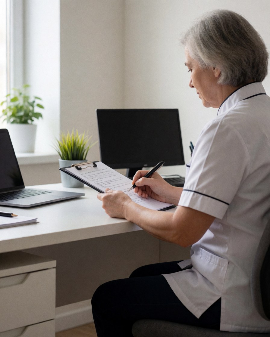 Un thérapeute professionnel écrit sur un classeur posé sur un bureau, accompagné d'un ordinateur portable et d'une plante dans un environnement de bureau propre et lumineux.