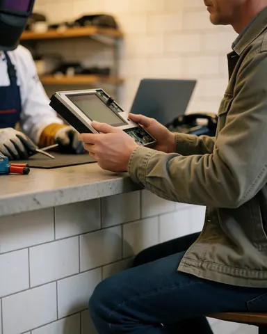 Une cliente examine une console de jeux vidéo réparée dans un atelier avec des carreaux blancs, des outils et un professionnel portant un casque de soudage et des gants.