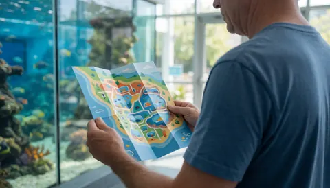 Un adulte observe attentivement un plan de l'aquarium, avec des bassins et des coraux visibles à travers de grandes baies vitrées.