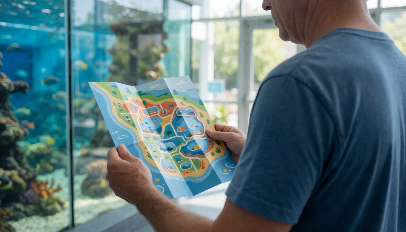 Un adulte observe attentivement un plan de l'aquarium, avec des bassins et des coraux visibles à travers de grandes baies vitrées.