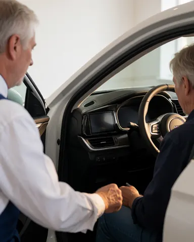 Un technicien installe du matériel dans l'habitacle d'une voiture propre et bien éclairée pendant qu'un client observe la prestation de service.