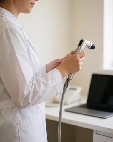 Une praticienne en clinique utilisant un appareil de dépilation laser sur un fond moderne et épuré pour des services de beauté et de santé.