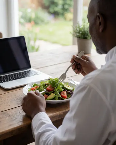 Une cliente savoure une salade fraîche avec tomate et avocat sur une table en bois rustique, près d'une fenêtre donnant sur le jardin et d'un ordinateur portable.
