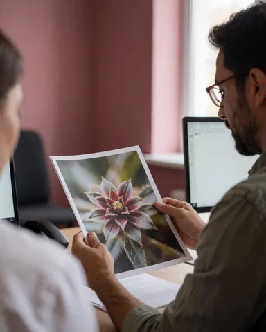 Un éditeur portant des lunettes examine une impression macro de fleur dans un bureau moderne avec un mur rose, tout en travaillant sur un ordinateur portable.