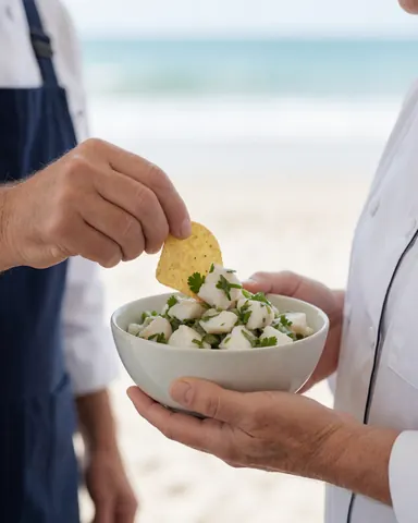 Une cliente savoure un plat de ceviche de poisson blanc avec du coriandre et du citron vert, servi par le personnel du restaurant sur une plage.