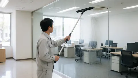 Un professionnel en uniforme gris nettoie un grand panneau de verre dans un bureau moderne avec une raclette longue, des reflets visibles et un espace pour texte à gauche.