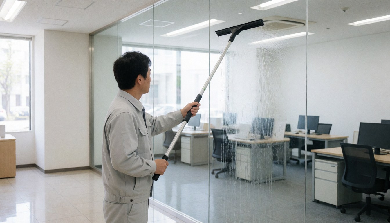 Un professionnel en uniforme gris nettoie un grand panneau de verre dans un bureau moderne avec une raclette longue, des reflets visibles et un espace pour texte à gauche.