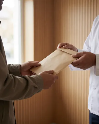Des mains tenant une enveloppe brune dans un intérieur aux murs en bois, baigné de lumière naturelle, évoquant une transaction professionnelle sereine.