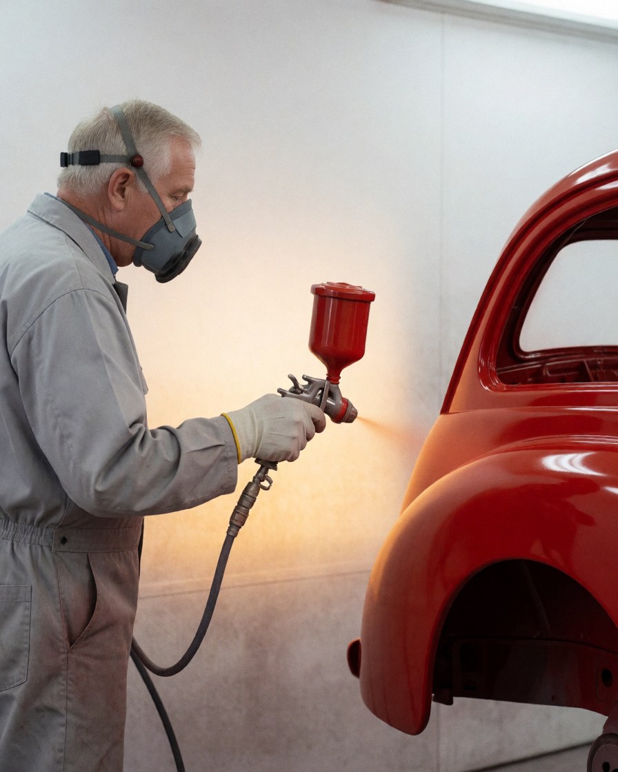 Technicien en combinaison et masque applique de la peinture rouge brillante sur une aile dans une cabine de peinture professionnelle.