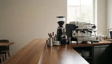 Intérieur de café moderne avec machine espresso, moulin à café et tasses blanches sur un comptoir en bois poli éclairé par la lumière du matin.