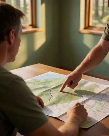 Deux hommes analysent une carte de montagne avec des lignes de contour sur une table en bois, éclairée par la lumière du coucher de soleil, pour un service d'entraînement de vélo de montagne.