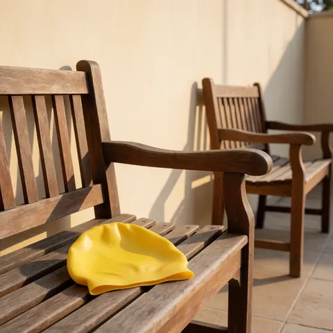 Un bonnet de natation jaune posé sur un banc en bois, sur une terrasse avec un mur beige et une lumière de fin de journée.