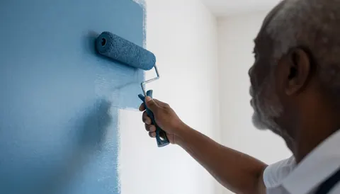 Un peintre professionnel applique de la peinture bleue sur un mur intérieur à l'aide d'un rouleau dans une pièce éclairée par la lumière naturelle.