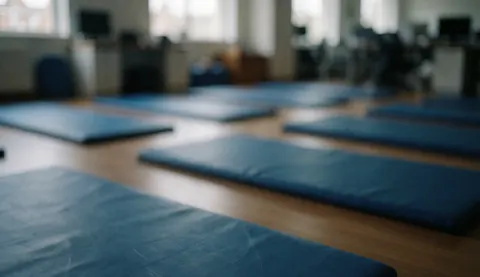 Plusieurs tapis de gymnastique bleus disposés sur un sol en bois clair dans un gymnase, créant un fond calme et professionnel adapté à la rédaction de textes.