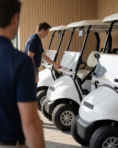 Un golfeur sélectionne un chariot de golf blanc aligné sur le pavement, avec des murs en bois et une lumière matinale sur le terrain de golf.