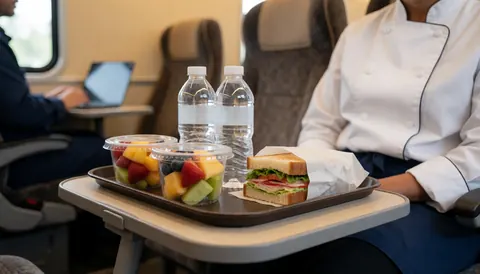 Un plateau contenant un sandwich, des fruits et une bouteille d'eau est servi à bord d'un autocar de tourisme par un agent en uniforme.