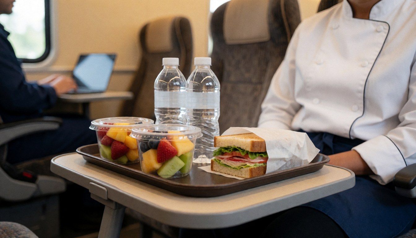 Un plateau contenant un sandwich, des fruits et une bouteille d'eau est servi à bord d'un autocar de tourisme par un agent en uniforme.