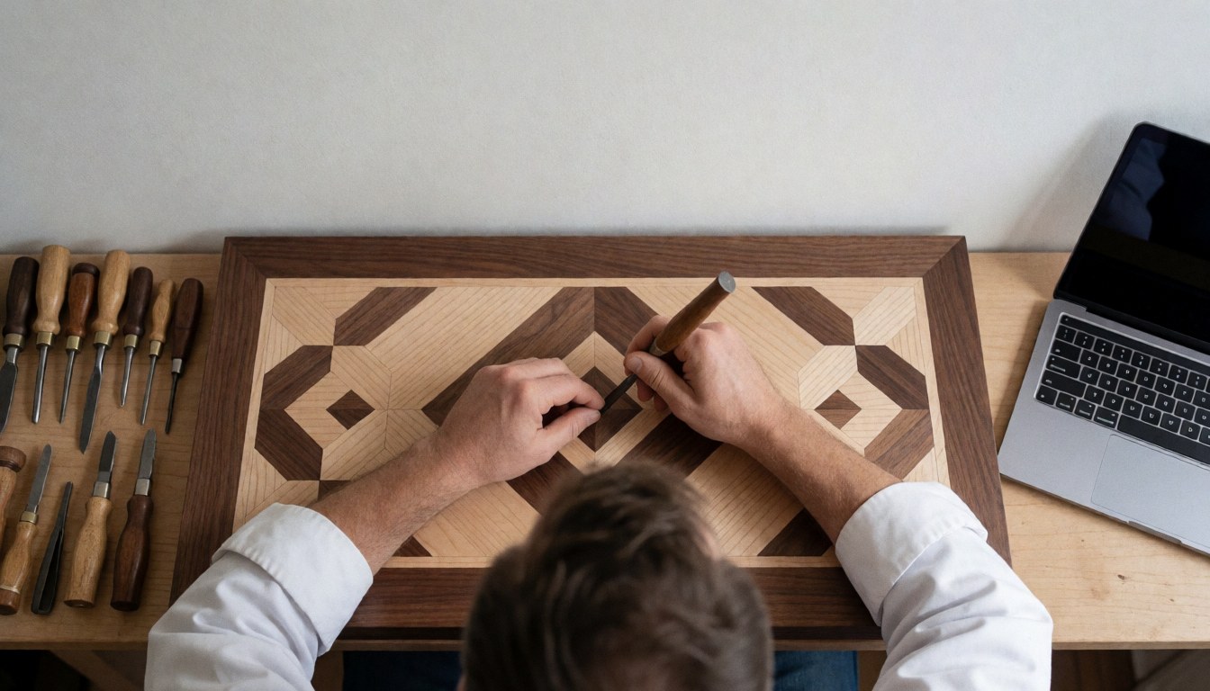 Un sculpteur sur bois travaille avec précision sur un motif géométrique, entouré d'outils de menuiserie et d'un ordinateur portable.