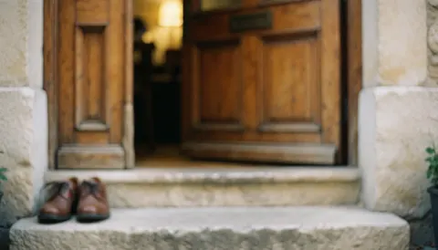 Des chaussures en cuir reposent sur des marches de pierre devant une porte en bois baignée d'une lumière chaude, évoquant l'entrée accueillante d'un hébergement.