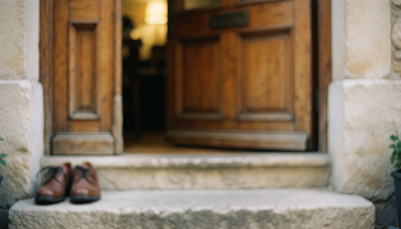 Des chaussures en cuir reposent sur des marches de pierre devant une porte en bois baignée d'une lumière chaude, évoquant l'entrée accueillante d'un hébergement.
