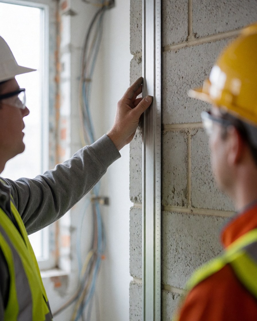 Deux maçons mesurent un mur de blocs de béton avec une règle métallique, portant casques et gilets réfléchissants sur un chantier intérieur.
