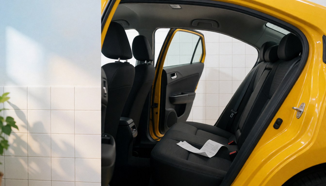 Vue intérieure d'un taxi jaune aux sièges noirs, un reçu posé sur le siège arrière, murs carrelés blancs et lumière naturelle douce.