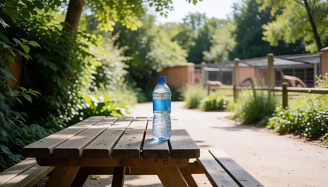 Bouteille d'eau bleue posée sur une table en bois dans un sentier du zoo, avec des enclos et une végétation luxuriante en arrière-plan, idéal pour une page d'accueil de site web.