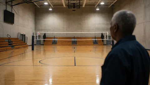 Un entraîneur de volleyball observe le terrain en bois avec son filet et les bancs, dans une salle aux murs de béton et à l'éclairage chaud.
