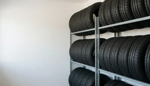 Entrepôt de pneus avec des racks métalliques et des murs blancs, idéal pour la couverture d'un magasin de réparation de pneus.