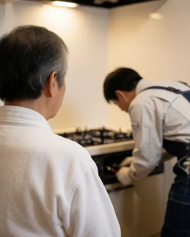 Un technicien en uniforme répare une cuisinière à gaz pendant qu'un client observe attentivement la scène de réparation.
