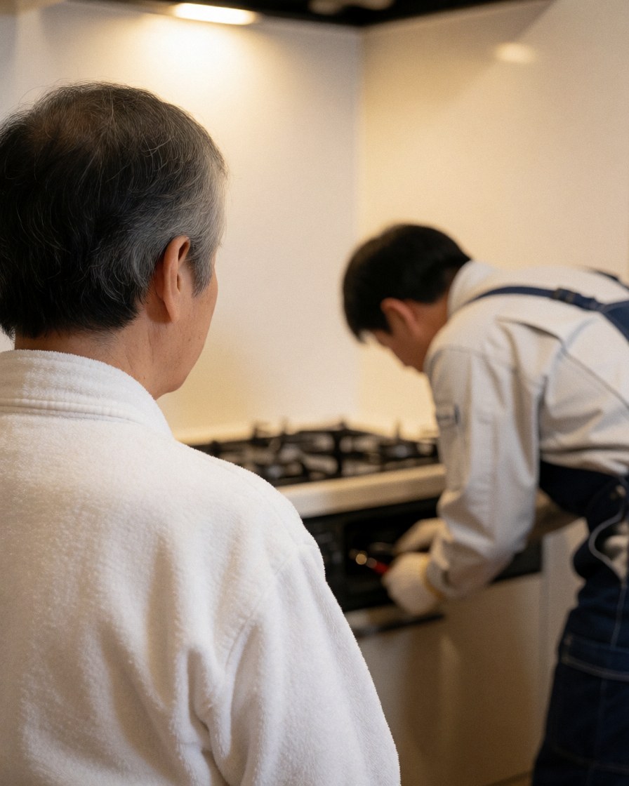 Un technicien en uniforme répare une cuisinière à gaz pendant qu'un client observe attentivement la scène de réparation.