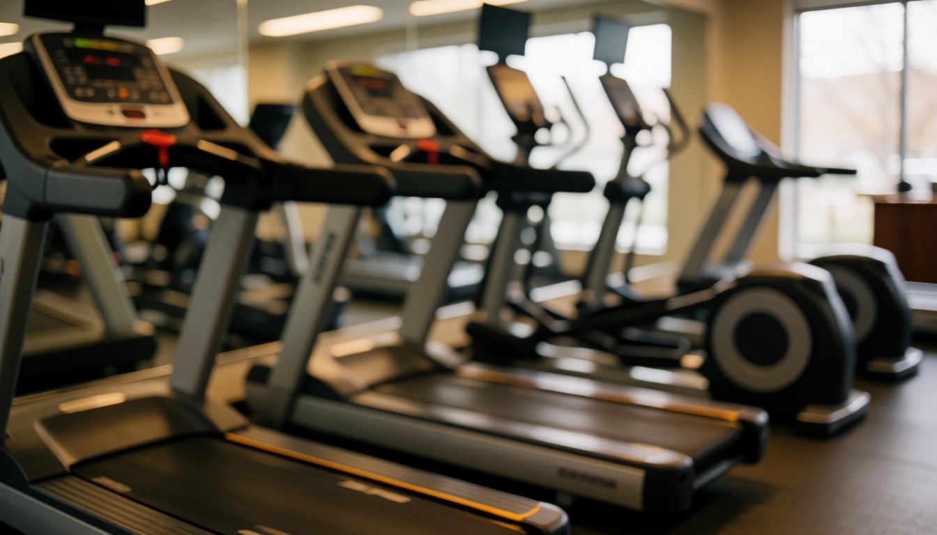 Arrière-plan de gymnase avec des machines de cardio floues, idéal pour ajouter du texte, sol en caoutchouc et éclairage chaleureux.