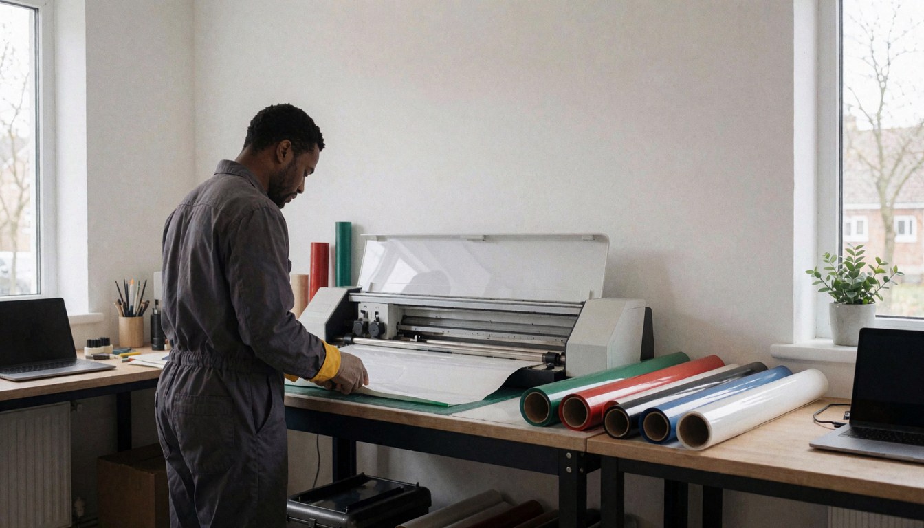 Un technicien installe une feuille de vinyle dans une découpeuse en atelier moderne avec des rouleaux colorés et une lumière naturelle.