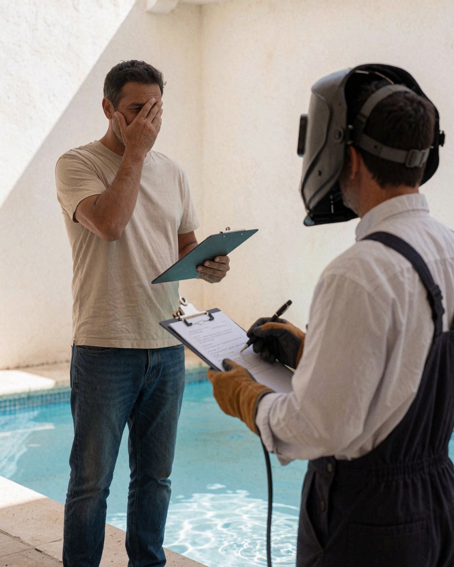 Une cliente tenant un classeur discute avec un technicien de piscine portant un casque de sécurité, près d'une piscine bleue à mur blanc.