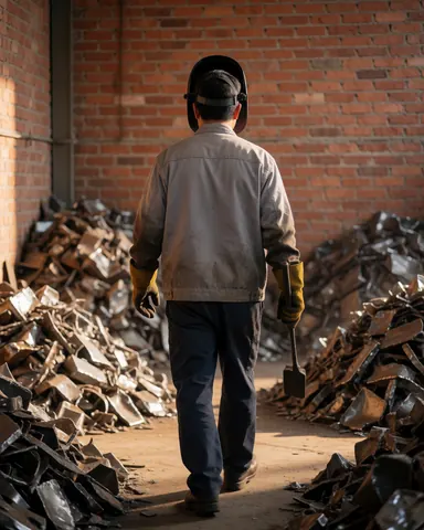 Un ouvrier avec un casque de soudeur marche entre des tas de métal broyé dans un atelier aux murs de briques rouges éclairé par la lumière du coucher de soleil.