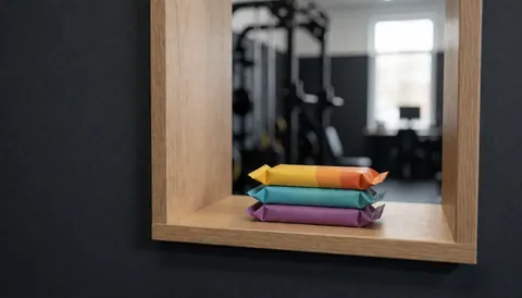 Trois barres de protéine colorées disposées sur une étagère en bois dans une salle de sport avec des murs gris et un équipement en arrière-plan.