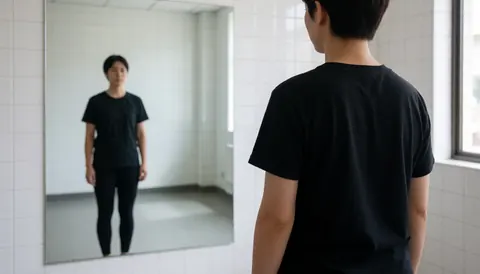 Vue arrière d'une personne se tenant devant un grand miroir dans une salle de répétition aux murs carrelés blancs, baignée de lumière naturelle.