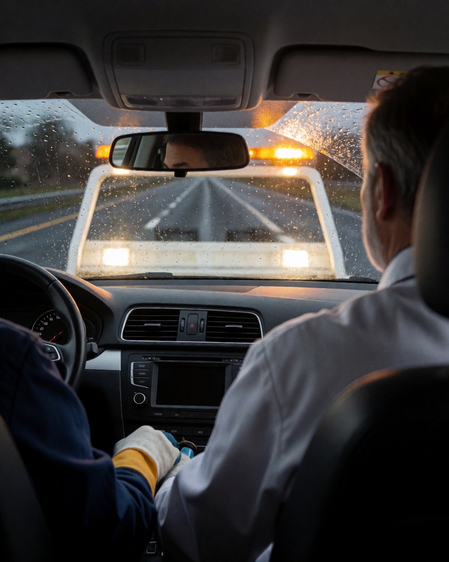 Vue intérieure d'un véhicule en cours de remorquage, montrant le conducteur et le remorqueur sur une route mouillée sous les feux d'urgence.